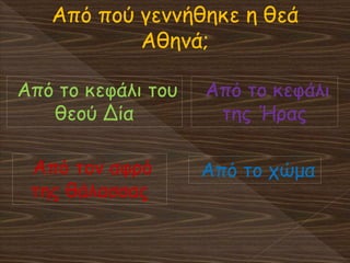 Από πού γεννήθηκε η θεά
Αθηνά;
Από το κεφάλι του
θεού Δία
Από τον αφρό
της θάλασσας
Από το κεφάλι
της Ήρας
Από το χώμα
 
