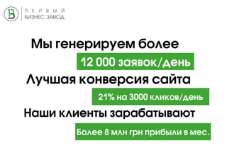 Мы генерируем более
12 000 заявок/день
Лучшая конверсия сайта
21% на 3000 кликов/день
Наши клиенты зарабатывают
Более 8 млн грн прибыли в мес.
 