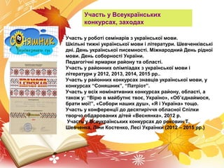 Участь у Всеукраїнських
конкурсах, заходах
Участь у роботі семінарів з української мови.
Шкільні тижні української мови і літератури. Шевченківські
дні. День української писемності. Міжнародний День рідної
мови. День соборності України.
Педагогічні ярмарки району та області.
Участь у районних олімпіадах з української мови і
літератури у 2012, 2013, 2014, 2015 рр..
Участь у районних конкурсах знавців української мови, у
конкурсах “Соняшник”, “Патріот”.
Участь у всіх номінативних конкурсах району, області, а
також у: “Вірю в майбутнє твоє, Україно», «Об’єднаймося,
брати мої!”, «Собори наших душ», «Я і Україна» тощо.
Участь у конференції до десятиріччя обласної Спілки
творчо обдарованих дітей «Веснянка», 2012 р.
Участь у Всеукраїнських конкурсах до роковин Т.
Шевченка, Ліни Костенко, Лесі Українки (2012 – 2015 рр.)
 