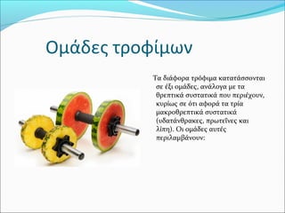 Ομάδες τροφίμων
Τα διάφορα τρόφιμα κατατάσσονται
σε έξι ομάδες, ανάλογα με τα
θρεπτικά συστατικά που περιέχουν,
κυρίως σε ότι αφορά τα τρία
μακροθρεπτικά συστατικά
(υδατάνθρακες, πρωτεΐνες και
λίπη). Οι ομάδες αυτές
περιλαμβάνουν:
 