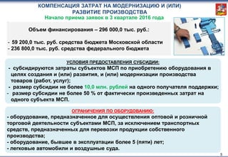 КОМПЕНСАЦИЯ ЗАТРАТ НА МОДЕРНИЗАЦИЮ И (ИЛИ)
РАЗВИТИЕ ПРОИЗВОДСТВА
5
УСЛОВИЯ ПРЕДОСТАВЛЕНИЯ СУБСИДИИ:
- субсидируются затраты субъектов МСП по приобретению оборудования в
целях создания и (или) развития, и (или) модернизации производства
товаров (работ, услуг);
- размер субсидии не более 10,0 млн. рублей на одного получателя поддержки;
- размер субсидии не более 50 % от фактически произведенных затрат на
одного субъекта МСП.
ОГРАНИЧЕНИЯ ПО ОБОРУДОВАНИЮ:
- оборудование, предназначенное для осуществления оптовой и розничной
торговой деятельности субъектами МСП, за исключением транспортных
средств, предназначенных для перевозки продукции собственного
производства;
- оборудование, бывшее в эксплуатации более 5 (пяти) лет;
- легковые автомобили и воздушные суда.
Объем финансирования – 296 000,0 тыс. руб.:
- 59 200,0 тыс. руб. средства бюджета Московской области
- 236 800,0 тыс. руб. средства федерального бюджета
Начало приема заявок в 3 квартале 2016 года
 