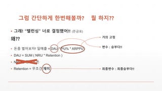 ?? ???? ??????
? ?? ????! ??? = DAU * PU% * ARPPU
? DAU = SUM ( NRU * Retention )
? NRU? ?? = ?
? Retention = ??? ??
? ????
? ??! ??? ?? ????!! (???)
??? ?? ??
?? : ???!!
???? : ?????!!
 