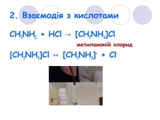 2. Взаємодія з кислотами
СН3NH2 + HCl [CH→ 3NH3]Cl
метиламоній хлорид
[CH3NH3]Cl ↔ [CH3NH3]+
+ Cl-
 