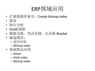 ERPӦ
? չݿCreate bitmap index
? 
? ͳƷ
? OLAP/Ԥ
? ݽʽ洢¼ RowSet
? ̻棺
C д洢
C Bitmap index
? 㷨Ӧ
C bitset
C Hash index
C Bitmap index
 