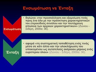 Ενσωμάτωση vs Ένταξη
Ενσωμάτωση
• δηλώνει «την προσκόλληση και εξομοίωση τινός
προς ένα όλο με την πρόσκτηση χαρακτηριστικών
του ετεροειδούς συνόλου και την ταυτόχρονη
απώλεια των αρχικών χαρακτηριστικών» (Ζώνιου -
Σιδέρη, 2000α: 36).
Ένταξη
• αφορά «τη συστηματική τοποθέτηση ενός τινός
μέσα σε κάτι άλλο και την ολοκλήρωση του
υποκειμένου ως αυτοτελούς ακέραιου μέρους ενός
ευρύτερου όλου» (Ζώνιου - Σιδέρη, 2000α: 36).
 