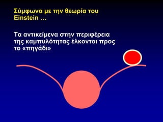Σύμφωνα με την θεωρία του
Einstein …
Τα αντικείμενα στην περιφέρεια
της καμπυλότητας έλκονται προς
το «πηγάδι»
 