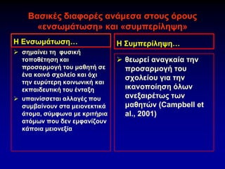 Βασικές διαφορές ανάμεσα στους όρους
«ενσωμάτωση» και «συμπερίληψη»
Η Ενσωμάτωση…
➢ σημαίνει τη φυσική
τοποθέτηση και
προσαρμογή του μαθητή σε
ένα κοινό σχολείο και όχι
την ευρύτερη κοινωνική και
εκπαιδευτική του ένταξη
➢ υπαινίσσεται αλλαγές που
συμβαίνουν στα μειονεκτικά
άτομα, σύμφωνα με κριτήρια
ατόμων που δεν εμφανίζουν
κάποια μειονεξία
Η Συμπερίληψη…
➢ θεωρεί αναγκαία την
προσαρμογή του
σχολείου για την
ικανοποίηση όλων
ανεξαιρέτως των
μαθητών (Campbell et
al., 2001)
 