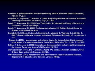 Ainscow, M. (1997) Towards inclusive schooling. British Journal of Special Education,
Vol. 24, n.1, p. 3.
Angelidis, P., Stylianou, T. & Gibbs, P. (2006). Preparing teachers for inclusive education.
Teaching and Teacher Education, 22 (4), 513-522.
Booth, T. & Ainscow, M. (1998) From Them to Us: An International Study of Inclusion in
Education. London: Routledge.
Booth, T. & Ainscow, M. (2002) The Index for Inclusion, 2th Edition, Bristol Centre for
Studies in Inclusive Education.
Campbell, C., Gillborn, D., Lunt, I., Sammons, P., Vincent, C., Warrens, C. & Whitty, G.
(2001) Research Matters. London: Institute of Education, University of London, pp. 1
– 12.
Copper, A. (2000) Mentoring as an inclusive device for the excluded: black students’
experiences of a mentoring scheme, Social Work Education,Vol. 19, No. 6, 597-607.
Sebba, J. & Ainscow M. (1996) International developments in inclusive setting: mapping
the issues. Cambridge Journal of Education 26(1)1-9.
Warnock Report (1978). Στο P. Williams. (1991). The special education handbook, Great
Britain: Open University Press, p. 428-429.
Warnock Report (1982) Assessments and Statements of Special Educational Needs,
Department of Education and Science, London: HMSO.
 