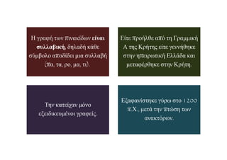 Η γραφή των πινακίδων είναι
συλλαβική, δηλαδή κάθε
σύμβολο αποδίδει μια συλλαβή
(πα, τα, ρο, μα, τι).
Είτε προήλθε από τη Γραμμική
Α της Κρήτης είτε γεννήθηκε
στην ηπειρωτική Ελλάδα και
μεταφέρθηκε στην Κρήτη.
Την κατείχαν μόνο
εξειδικευμένοι γραφείς.
Εξαφανίστηκε γύρω στο 1200
π.Χ., μετά την πτώση των
ανακτόρων.
 