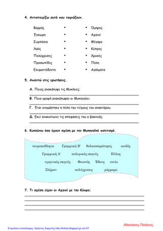 4. Αντιστοιχίζω αυτά που ταιριάζουν.
Βορράς   Όμηρος
Έγκωμη   Αχαιοί
Συμπόσια   Μέγαρο
Λαός   Κύπρος
Πολύχρυσες   Χρυσές
Προσωπίδες   Πόλη
Ελεφαντόδοντο   Αγάλματα
5. Απαντώ στις ερωτήσεις.
Α. Ποιος ανακάλυψε τις Μυκήνες;
_____________________________________________________
Β. Ποια γραφή ανακάλυψαν οι Μυκηναίοι;
_____________________________________________________
Γ. Έτσι ονομάστηκε η πύλη του τείχους του ανακτόρου.
_____________________________________________________
Δ. Εκεί ανακοίνωνε τις αποφάσεις του ο βασιλιάς;
_____________________________________________________
6. Κυκλώνω όσα έχουν σχέση με τον Μυκηναϊκό πολιτισμό.
7. Τι σχέση είχαν οι Αχαιοί με την Κύπρο;
__________________________________________________________
__________________________________________________________
__________________________________________________________
__________________________________________________________
ταυροκαθάψια Γραμμική Β΄ θαλασσοκράτορες αοιδός
Γραμμική Α΄ πολεμικές σκηνές Πύλος
ειρηνικές σκηνές Φαιστός Έβανς εστία
Σλήμαν πολύχρυσες μάρμαρο
Αθανάσιος Παλάνης
Επιμέλεια επανάληψης: Χρήστος Χαρμπής http://kritiria.blogspot.gr σελ.57
 
