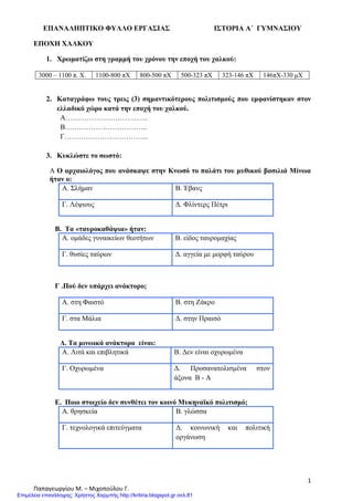 ΕΠΑΝΑΛΗΠΤΙΚΟ ΦΥΛΛΟ ΕΡΓΑΣΙΑΣ ΙΣΤΟΡΙΑ Α΄ ΓΥΜΝΑΣΙΟΥ
1
Παπαγεωργίου Μ. – Μιχοπούλου Γ.
ΕΠΟΧΗ ΧΑΛΚΟΥ
1. Χρωματίζω στη γραμμή του χρόνου την εποχή του χαλκού:
3000 – 1100 π. Χ. 1100-800 πΧ 800-500 πΧ 500-323 πΧ 323-146 πΧ 146πΧ-330 μΧ
2. Καταγράφω τους τρεις (3) σημαντικότερους πολιτισμούς που εμφανίστηκαν στον
ελλαδικό χώρο κατά την εποχή του χαλκού.
Α……………………………..
Β……………………………..
Γ……………………………...
3. Κυκλώστε το σωστό:
Α Ο αρχαιολόγος που ανάσκαψε στην Κνωσό το παλάτι του μυθικού βασιλιά Μίνωα
ήταν ο:
Α. Σλήμαν Β. Έβανς
Γ. Λέψιους Δ. Φλίντερς Πέτρι
Β. Τα «ταυροκαθάψια» ήταν:
Α. ομάδες γυναικείων θεοτήτων Β. είδος ταυρομαχίας
Γ. θυσίες ταύρων Δ. αγγεία με μορφή ταύρου
Γ .Πού δεν υπάρχει ανάκτορο;
Α. στη Φαιστό Β. στη Ζάκρο
Γ. στα Μάλια Δ. στην Πραισό
Δ. Τα μινωικά ανάκτορα είναι:
Α. Λιτά και επιβλητικά Β. Δεν είναι οχυρωμένα
Γ. Οχυρωμένα Δ. Προσανατολισμένα στον
άξονα Β - Α
Ε. Ποιο στοιχείο δεν συνθέτει τον κοινό Μυκηναϊκό πολιτισμό;
Α. θρησκεία Β. γλώσσα
Γ. τεχνολογικά επιτεύγματα Δ. κοινωνική και πολιτική
οργάνωση
Επιμέλεια επανάληψης: Χρήστος Χαρμπής http://kritiria.blogspot.gr σελ.81
 