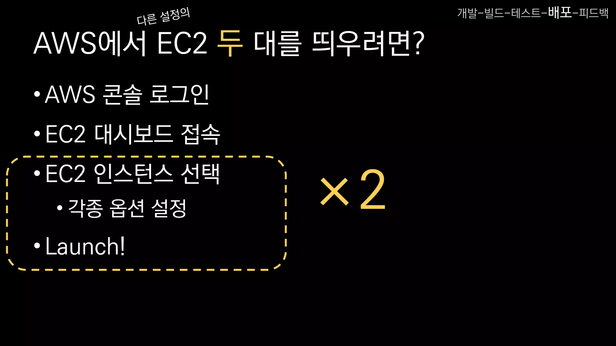 AWS에서 EC2 두 대를 띄우려면?
•AWS 콘솔 로그인
•EC2 대시보드 접속
•EC2 인스턴스 선택
• 각종 옵션 설정
•Launch!
×2
개발-빌드-테스트-배포-피드백
 