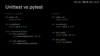 Unittest vs pytest
# built-in unittest
def sum(a, b):
return a + b
def is_odd(num):
return num % 2 == 0
class TestFoo(TestCase):
def test_sum(self):
self.assertEqual(sum(1, 2), 3)
def test_odd(self):
self.assertTrue(is_odd(10))
# pytest
def sum(a, b):
return a + b
def is_odd(num):
return num % 2 == 0
def test_sum():
assert sum(1, 2) == 3
def test_odd():
assert is_odd(10)
개발-빌드-테스트-배포-피드백
 