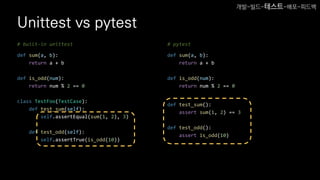 Unittest vs pytest
# built-in unittest
def sum(a, b):
return a + b
def is_odd(num):
return num % 2 == 0
class TestFoo(TestCase):
def test_sum(self):
self.assertEqual(sum(1, 2), 3)
def test_odd(self):
self.assertTrue(is_odd(10))
# pytest
def sum(a, b):
return a + b
def is_odd(num):
return num % 2 == 0
def test_sum():
assert sum(1, 2) == 3
def test_odd():
assert is_odd(10)
개발-빌드-테스트-배포-피드백
 