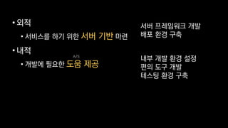 • 외적
• 서비스를 하기 위한 서버 기반 마련
• 내적
• 개발에 필요한 도움 제공
A/S
서버 프레임워크 개발
배포 환경 구축
내부 개발 환경 설정
편의 도구 개발
테스팅 환경 구축
 