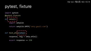 pytest, fixture
import pytest
@pytest.fixture
def smtp():
import smtplib
return smtplib.SMTP("smtp.gmail.com")
def test_ehlo(smtp):
response, msg = smtp.ehlo()
assert response == 250
개발-빌드-테스트-배포-피드백
 