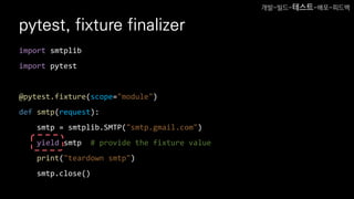 pytest, fixture finalizer
import smtplib
import pytest
@pytest.fixture(scope="module")
def smtp(request):
smtp = smtplib.SMTP("smtp.gmail.com")
yield smtp # provide the fixture value
print("teardown smtp")
smtp.close()
개발-빌드-테스트-배포-피드백
 