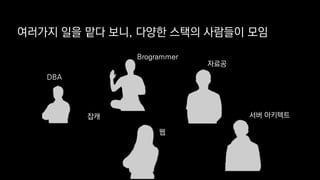여러가지 일을 맡다 보니, 다양한 스택의 사람들이 모임
DBA
잡캐
Brogrammer
웹
서버 아키텍트
자료공
 
