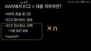 AWS에서 EC2 n 대를 띄우려면?
•AWS 콘솔 로그인
•EC2 대시보드 접속
•EC2 인스턴스 선택
• 각종 옵션 설정
•Launch!
×n
개발-빌드-테스트-배포-피드백
 