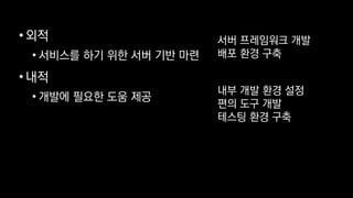 •외적
• 서비스를 하기 위한 서버 기반 마련
•내적
• 개발에 필요한 도움 제공
서버 프레임워크 개발
배포 환경 구축
내부 개발 환경 설정
편의 도구 개발
테스팅 환경 구축
 