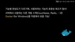 기능별 완성도가 다르기에, 사용하려는 기능의 호환성 체크가 필수!
서버에서 사용하는 다른 개발 스택(Couchbase, Redis, …)은
Docker (for Windows)를 이용해서 보충 가능!
개발-빌드-테스트-배포-피드백
 