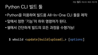 Python CLI 빌드 툴
•Python을 이용하여 빌드용 All-In-One CLI 툴을 제작
•앞에서 정한 ‘기능’이 하위 명령어가 된다.
•쉘에서 간단하게 빌드의 모든 과정을 수행가능!
$ wbuild <update|build|upload|…> [options]
개발-빌드-테스트-배포-피드백
 