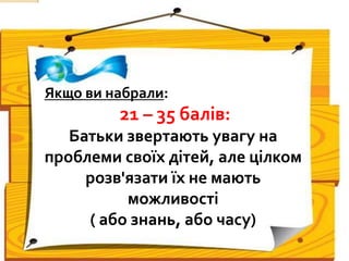 Якщо ви набрали:
21 – 35 балів:
Батьки звертають увагу на
проблеми своїх дітей, але цілком
розв'язати їх не мають
можливості
( або знань, або часу)
 