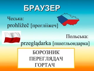 БРАУЗЕРБРАУЗЕР
Чеська:
prohližeč [проглііжеч]
Польська:
przeglądarka [пшеґльондарка]
БОРОЗНИК
ПЕРЕГЛЯДАЧ
ГОРТАЧ
 
