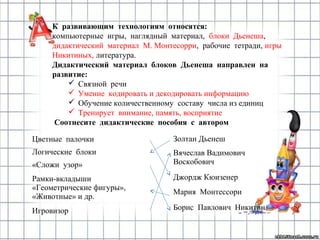 К развивающим технологиям относятся:
компьютерные игры, наглядный материал, блоки Дьенеша,
дидактический материал М. Монтесорри, рабочие тетради, игры
Никитиных, литература.
Дидактический материал блоков Дьенеша направлен на
развитие:
 Связной речи
 Умение кодировать и декодировать информацию
 Обучение количественному составу числа из единиц
 Тренирует внимание, память, восприятие
Соотнесите дидактические пособия с автором
Цветные палочки
Логические блоки
«Сложи узор»
Рамки-вкладыши
«Геометрические фигуры»,
«Животные» и др.
Игровизор
Золтан Дьенеш
Вячеслав Вадимович
Воскобович
Джордж Кюизенер
Мария Монтессори
Борис Павлович Никитин
 