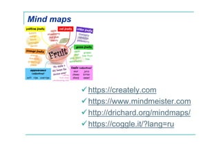 Mind maps
https://creately.com
https://www.mindmeister.com
http://drichard.org/mindmaps/
https://coggle.it/?lang=ru
 