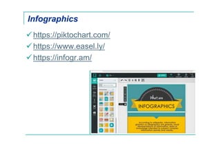 Infographics
https://piktochart.com/
https://www.easel.ly/
https://infogr.am/
 