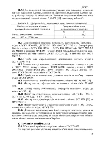ДСТУ
17
11.5.3 Для м‘яса птиці, запакованого у спожиткове паковання, дозволено
від’ємні відхилення від маси, вказаній на маркованні. Відхилення від маси нет-
то у більшу сторону не обмежуються. Значення допустимих відхилень маси
нетто паковальної одиниці згідно з Р 50-056 [18] наведено у таблиці 5.
Таблиця 5 - Допустимі відхилення маси нетто паковальної одиниці
Допустимі відхилення
від номінального значення
Номінальні значення кількості
продукції в паковальній одиниці, г
% г
Понад 500 до 1000 включно - 15,0
-«- 1000 до 10000 -«- 1,5 -
11.6 Мікробіологічні показники визначають: бактерій роду Salmonella -
згідно з ДСТУ ISO 6579, ДСТУ EN 12824 або ГОСТ 7702.2.3; бактерій роду
Lіsterіa – згідно з ДСТУ ISO 11290-1, ДСТУ ISO 11290-2 або ГОСТ 7702.2.5
або МВ [16]; кількість МАФАМ – згідно з ГОСТ 7702.2.1; бактерій групи киш-
кових паличок (БГКП) – згідно з ДСТУ ISO 7251, ДСТУ ISO 4831 або ГОСТ
7702.2.2.
11.6.1 Проби для мікробіологічних досліджувань готують згідно з
ДСТУ ISO 6887-2.
11.7 Масову частку токсичних елементів визначають: свинцю – згідно
з ГОСТ 26932; цинку – згідно з ГОСТ 26934; кадмію – згідно з ГОСТ
26933; міді – згідно з ГОСТ 26931; ртуті – згідно з ГОСТ 26927; миш'яку – згі-
дно з ГОСТ 26930 і також згідно з ГОСТ 30178.
11.7.1 Проби для визначання вмісту важких металів та миш'яку готують
згідно з ГОСТ 26929.
11.8 Масову частку антибіотиків визначають згідно з МУ № 3049 [17].
11.9 Масову частку афлатоксинів визначають згідно з МУ № 4082
[18].
11.10 Масову частку гормональних препаратів визначають згідно до
вимог № 3202 [19].
11.11 Масову частку пестицидів визначають згідно з ДСТУ EN 12393-1,
ДСТУ EN 12393-2, ДСТУ EN 12393-3.
11.12 Масову частку радіонуклідів визначають згідно з МУ 5778 [20] та
МУ 5779 [21].
11.13 Масову частку жиру у м’ясі птиці визначають згідно з ГОСТ 23042,
масову частку білка – згідно з ГОСТ 25011.
11.14 Дозволено використовувати інші стандартні методики, методи та
прилади, які за своїми метрологічними та технічними характеристиками задо-
вольняють вимоги цього стандарту та мають відповідне метрологічне забезпе-
чення згідно з чинним законодавством України.
12 ПРАВИЛА ПРИЙМАННЯ
12.1 М'ясо птиці приймають партіями згідно з ГОСТ 28825.
Під партією розуміють будь-яку кількість м’яса птиці одного виду, одно-
 