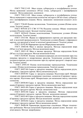 ДСТУ
3
ГОСТ 7702.2.3-93 Мясо птицы, субпродукты и полуфабрикаты птичьи.
Метод выявления сальмонелл (М’ясо птиці, субпродукти і напівфабрикати
пташині. Метод виявлення сальмонел)
ГОСТ 7702.2.5-93 Мясо птицы, субпродукты и полуфабрикаты птичьи.
Метод выявления и определения количества листерелл (М’ясо птиці, субпроду-
кти і напівфабрикати пташині. Метод виявлення і визначення кількості лісте-
релл)
ГОСТ 7730-89 Пленка целлюлозная. Технические условия (Плівка целю-
лозна. Технічні умови)
ГОСТ 9078-84 (СТ СЭВ 317-76) Поддоны плоские. Общие технические
условия (Піддони пласкі. Загальні технічні умови)
ГОСТ 10354-82 Пленка полиэтиленовая. Технические условия (Плівка
поліетиленова. Технічні умови)
ГОСТ 13513-86 Ящики из гофрированного картона для продукции мяс-
ной и молочной промышленности. Технические условия (Ящики з гофрованого
картону для продукції м’ясної та молочної промисловості. Технічні умови)
ГОСТ 14192-96 Маркировка грузов (Маркування вантажів)
ГОСТ 23042-86 Мясо и мясные продукты. Методы определения жира
(М'ясо та м’ясні продукти. Методи визначання жиру)
ГОСТ 25011–81 Мясо и мясные продукты. Методы определения белка
(М’ясо та м’ясні продукти. Методи визначення білка)
ГОСТ 25250-88 Пленка поливинилхлоридная для изготовления тары под
пищевые продукты и лекарственные средства. Технические условия (Плівка
полівінілхлоридна для виготовлення тари під харчові продукти і лікарські засо-
би. Технічні умови)
ГОСТ 25951-83 Пленка полиэтиленовая термоусадочная. Технические
условия (Плівка поліетиленова термоусадкова. Технічні умови)
ГОСТ 26927-86 Сырье и продукты пищевые. Метод определения ртути.
(Сировина і продукти харчові. Метод визначення ртуті)
ГОСТ 26929-94 Сырье и продукты пищевые. Подготовка проб. Минера-
лизация для определения содержания токсичных элементов (Сировина і проду-
кти харчові. Підготовка проб. Мінералізація для визначення вмісту токсичних
елементів)
ГОСТ 26930-86 Сырье и продукты пищевые. Метод определения мы-
шьяка (Сировина і продукти харчові. Метод визначення миш’яку)
ГОСТ 26931-86 Сырье и продукты пищевые. Методы определения меди
(Сировина і продукти харчові. Методи визначення міді)
ГОСТ 26932-86 Сырье и продукты пищевые. Методы определения
свинца (Сировина і продукти харчові. Методи визначення свинцю)
ГОСТ 26933-86 Сырье и продукты пищевые. Методы определения кадмия
(Сировина і продукти харчові. Методи визначення кадмію)
ГОСТ 26934-86 Сырье и продукты пищевые. Метод определения цинка
(Сировина і продукти харчові. Метод визначення цинку)
ГОСТ 28498-90 Термометры жидкостные стеклянные. Общие техничес-
кие требования. Методы испытаний (Термометри рідинні скляні. Загальні тех-
нічні вимоги. Методи випробувань)
 