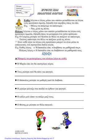 ΦΥΛΛΟ ΕΡΓΑΣΙΑΣ
Ευθύς λέγεται ο λόγος μέσω του οποίου μεταδίδονται τα λόγια
ενός προσώπου άμεσα, δηλαδή έτσι ακριβώς όπως τα είπε.
Π.χ. − Θέλεις να παίξουμε το απόγευμα;
− Ναι, μετά τις πέντε.
Πλάγιος λέγεται ο λόγος μέσω του οποίου μεταδίδονται τα λόγια ενός
προσώπου έμμεσα, δηλαδή όπως τα μεταφέρει ένα τρίτο πρόσωπο.
Π.χ. Ο Γιώργος ρώτησε τον Κώστα αν θέλει να παίξουν το απόγευμα.
Εκείνος απάντησε ότι θέλει να παίξουν μετά τις πέντε.
 Στον ευθύ λόγο τα λόγια ενός προσώπου μπορεί να είναι μέσα σε
εισαγωγικά, ενώ προηγείται διπλή τελεία.
Π.χ. Ευθύς λόγος ⇒ Η δασκάλα είπε: «Διαβάστε τα μαθήματά σας».
Πλάγιος λόγος⇒ Η δασκάλα είπε να διαβάσουν τα μαθήματά τους.
Μπορείς να μετατρέψεις τον πλάγιο λόγο σε ευθύ;
 Η Μαρία είπε ότι θα επιστρέψει αύριο.
___________________________________________________________
 Τους ρώτησε πού θα πάνε για φαγητό.
 Ο δάσκαλος ρώτησε το μαθητή γιατί δε διάβασε.
 Η μητέρα φώναξε στα παιδιά να έρθουν για φαγητό.
___________________________________________________________
 Οι φίλοι μού είπαν να παίξω μαζί τους.
___________________________________________________________
 Ο Φώτης με ρώτησε αν θέλω παγωτό.
___________________________________________________________
Όνομα__________
Επώνυμο_________
Hμ/νία_________
Βαθμός__ /100
ΔΑΣΚΑΛΟΣ:
ΦΩΤΗΣ ΣΤΑΜΟΣ
Επιμέλεια επανάληψης: Χρήστος Χαρμπής http://kritiria.blogspot.gr σελ.17
 