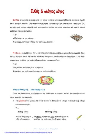 Ενότητα 6 «Οι φίλοι μας, οι φίλες ας» - © Γρηγόρης Ζερβός
1
Ε υ θ ύ ς ονοµάζεται ο λόγος κατά τον οποίο τα λόγια κάποιου µεταδίδονται αυτούσια, δηλαδή
όπως ακριβώς τα είπε. Στην περίπτωση αυτή τα λόγια του οµιλητή µπαίνουν σε εισαγωγικά («»)
και πριν από αυτά ή ανάµεσα από αυτά µπαίνει κάποιο λεκτικό ή ερωτηµατικό ρήµα ή κάποια
φράση µε παρόµοια σηµασία.
Π.χ.:
«Πού πήγες;» τον ρώτησε.
Κι εκείνος απάντησε: «Πήγα στο σπίτι του Κώστα».
Π λ ά γ ι ο ς ονοµάζεται ο λόγος κατά τον οποίο τα λόγια κάποιου µεταδίδονται έµµεσα, δηλα-
δή όχι ακριβώς όπως τα λέει το πρόσωπο που µιλάει, αλλά αλλαγµένα στη µορφή. Στην περί-
πτωση αυτή τα λόγια του οµιλητή δεν µπαίνουν εισαγωγικά («»).
Π.χ.:
Τον ρώτησε πού πήγε µετά το σχολείο.
Κι εκείνος του απάντησε ότι πήγε στο σπίτι του Κώστα.
Περισσότερες… λεπτοµέρειες
Όταν µας ζητείται να µετατρέψουµε τον ευθύ λόγο σε πλάγιο, πρέπει να προσέξουµε κά-
ποιες αλλαγές που αφορούν:
Τα πρόσωπα που µιλούν, τα οποία πρέπει να δηλώνονται είτε µε το όνοµά τους είτε µε
κάποια αντωνυµία.
Π.χ.
Ευθύς λόγος Πλάγιος λόγος
«Πότε θα φύγεις;»
«Θα φύγω αύριο».
Η Μαρία ρώτησε το Νίκο πότε θα φύγει κι
εκείνος της απάντησε ότι θα φύγει αύριο.
Επιμέλεια επανάληψης: Χρήστος Χαρμπής http://kritiria.blogspot.gr σελ.18
 