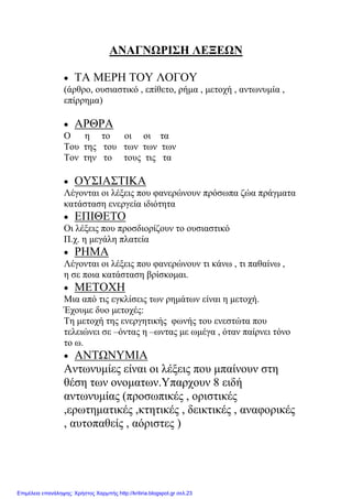 ΑΝΑΓΝΩΡΙΣΗ ΛΕΞΕΩΝ
• ΤΑ ΜΕΡΗ ΤΟΥ ΛΟΓΟΥ
(άρθρο, ουσιαστικό , επίθετο, ρήμα , μετοχή , αντωνυμία ,
επίρρημα)
• ΑΡΘΡΑ
Ο η το οι οι τα
Του της του των των των
Τον την το τους τις τα
• ΟΥΣΙΑΣΤΙΚΑ
Λέγονται οι λέξεις που φανερώνουν πρόσωπα ζώα πράγματα
κατάσταση ενεργεία ιδιότητα
• ΕΠΙΘΕΤΟ
Οι λέξεις που προσδιορίζουν το ουσιαστικό
Π.χ. η μεγάλη πλατεία
• ΡΗΜΑ
Λέγονται οι λέξεις που φανερώνουν τι κάνω , τι παθαίνω ,
η σε ποια κατάσταση βρίσκομαι.
• ΜΕΤΟΧΗ
Μια από τις εγκλίσεις των ρημάτων είναι η μετοχή.
Έχουμε δυο μετοχές:
Τη μετοχή της ενεργητικής φωνής του ενεστώτα που
τελειώνει σε –όντας η –ωντας με ωμέγα , όταν παίρνει τόνο
το ω.
• ΑΝΤΩΝΥΜΙΑ
Αντωνυμίες είναι οι λέξεις που μπαίνουν στη
θέση των ονοματων.Υπαρχουν 8 ειδή
αντωνυμίας (προσωπικές , οριστικές
,ερωτηματικές ,κτητικές , δεικτικές , αναφορικές
, αυτοπαθείς , αόριστες )
Επιμέλεια επανάληψης: Χρήστος Χαρμπής http://kritiria.blogspot.gr σελ.23
 