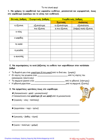 Το πιο γλυκό ψωμί
1. Να γράψεις τα παραθετικά των παρακάτω επιθέτων, μονολεκτικά και περιφραστικά, όπως
στο παράδειγμα (προσέχω και το γένος των επιθέτων).
2. Να συμπληρώσεις τα κενά βάζοντας τα επίθετα των παρενθέσεων στον κατάλληλο
βαθμό
 Το δωμάτιό μου είναι μικρότερο (ή πιο μικρό) από το δικό σου. (μικρός)
 Οι νύχτες του χειμώνα είναι ________________________ από τις νύχτες του
καλοκαιριού. (σκοτεινός)
 Το σημερινό φαγητό είναι ________________________ από το χθεσινό. (νόστιμος)
 Η χθεσινή μέρα ήταν ____________________________από τη σημερινή. (ζεστός)
3. Να σχηματίσεις προτάσεις όπως στο παράδειγμα.
 (πολυκατοικία – ψηλή – μονοκατοικία)
Η πολυκατοικία είναι ψηλότερη (ή πιο ψηλή) από τη μονοκατοικία.
 (εγγονός – νέος – παππούς)
______________________________________________________
 (αεροπλάνο – ταχύ – τρένο)
______________________________________________________
 (ωκεανός – βαθύς – λίμνη)
______________________________________________________
 (υγεία – πολύτιμη – χρήμα)
______________________________________________________
Θετικός βαθμός Συγκριτικός βαθμός Υπερθετικός βαθμός
Σχετικός Απόλυτος
η έξυπνη εξυπνότερη η εξυπνότερη εξυπνότατη
πιο έξυπνη η πιο έξυπνη (πάρα) πολύ έξυπνη
ο νέος
ο φαρδύς
το καλό
η μεγάλη
ο συνεπής
Η τάξη της κυρίας ΓεωργίαςΕπιμέλεια επανάληψης: Χρήστος Χαρμπής http://kritiria.blogspot.gr σελ.30
 