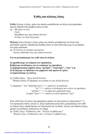 Γραμματική και Συντακτικό Γ’ Δημοτικού ανά ενότητα - Παρασκευή Αντωνίου
40
ΕΕυυθθύύςς κκααιι ππλλάάγγιιοοςς λλόόγγοοςς
Ευθύς λέγεται ο λόγος μέσω του οποίου μεταδίδονται τα λόγια ενός προσώπου
άμεσα, δηλαδή έτσι ακριβώς όπως τα είπε.
πχ: - Θα φύγω σε λίγο.
- Γιατί;
- Θυμήθηκα πως έχω κάποια δουλειά.
- Εντάξει, τα λέμε άλλη φορά.
Πλάγιος λόγος λέγεται ο λόγος μέσω του οποίου μεταδίδονται τα λόγια ενός
προσώπου έμμεσα, δηλαδή όχι ακριβώς όπως τα είπε αλλά όπως μας τα μεταφέρει
ένα τρίτο πρόσωπο.
πχ: Ο Γιάννης τον ρώτησε γιατί φεύγει.
Εκείνος απάντησε πως έχει κάποια δουλειά.
Για να μετατρέψουμε τον ευθύ λόγο σε πλάγιο:
α) προσθέτουμε τα ονόματα των προσώπων,
β) βάζουμε συνδέσμους για να ενώσουμε τις προτάσεις
γ) χρησιμοποιούμε ρήματα όπως "ρώτησε", "απάντησε", "είπε" κ.ά.
δ) αλλάζουμε το πρόσωπο των ρημάτων από πρώτο σε τρίτο.
ε) παραλείπουμε τις παύλες.
πχ: Ευθύς λόγος: - Έχεις πολλή δουλεία;
Πλάγιος λόγος: Ο Δημήτρης τον ρώτησε αν έχει πολλή δουλειά.
"ο Δημήτρης", "τον" (δηλαδή αυτόν) >>> μπαίνουν τα πρόσωπα
"αν" >>> μπαίνει ο σύνδεσμος που ενώνει τις προτάσεις
"ρώτησε" >>> το ρήμα που χρησιμοποιούμε
το ρήμα "έχεις" >>> μπαίνει σε τρίτο πρόσωπο "έχει"
Στον ευθύ λόγο τα λόγια ενός προσώπου μπορεί να είναι μέσα σε εισαγωγικά (" "),
ενώ προηγείται διπλή τελεία (:). Στην περίπτωση αυτή όταν μετατρέπουμε τον ευθύ
σε πλάγιο λόγο, παραλείπουμε τα εισαγωγικά και τη διπλή τελεία, ενώ κάποιες λέξεις
μπορεί να αλλάξουν ανάλογα με το νόημα.
πχ: Ευθύς λόγος: Ο δάσκαλος είπε: "Ανοίξτε τα βιβλία σας".
Πλάγιος λόγος: Ο δάσκαλος είπε ν' ανοίξουν τα βιβλία τους.
Επιμέλεια επανάληψης: Χρήστος Χαρμπής http://kritiria.blogspot.gr σελ.5
 