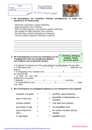 1. Να ξαναγράψεις τον παρακάτω διάλογο μεταφέροντας τα λόγια των
προσώπων σε πλάγιο λόγο.
- Ποια είσαι; τη ρώτησε ο μικρός πρίγκιπας.
- Είμαι μια αλεπού, είπε η αλεπού.
- Έλα να παίξεις μαζί μου, της πρότεινε ο μικρός πρίγκιπας.
- Δεν μπορώ να παίξω μαζί σου, είπε η αλεπού.
- Για ποιο λόγο; ρώτησε απορημένος ο πρίγκιπας.
- Γιατί δε με έχουν ημερώσει, απάντησε η αλεπού.
__________________________________________________________________
__________________________________________________________________
__________________________________________________________________
__________________________________________________________________
__________________________________________________________________
__________________________________________________________________
2. Να συμπληρώσεις τα κενά των προτάσεων με τον
περιφραστικό τύπο του υπερθετικού βαθμού
των επιθέτων από το διπλανό πλαίσιο.
 Το φαγητό της γιαγιάς μου είναι το πιο νόστιμο ή το νοστιμότερο που έχω φάει.
 Ο Νέστορας ήταν …………………………. ή ……………………… γέροντας των
Αχαιών.
 Το διαμέρισμα που νοίκιασε ήταν ………………………. ή ……………………….
απ’ όλα όσα είδε.
 Ο θείος του είναι από …………………………. ή ……………………………
ανθρώπους του χωριού.
 Αγόρασα ………………………….. ή ………………………….. παντελόνι.
 Ο ουρανοξύστης είναι …………………………. ή ……….…………………. κτίριο
στην πόλη.
3. Να αντιστοιχίσεις τις μεταφορικές φράσεις με την πραγματική τους σημασία.
κολυμπάει στο χρήμα   εμποδίζω, φέρνω δυσκολίες
χάνω τα λόγια μου  
προσπαθώ να παραπλανήσω, να
ξεγελάσω
στέκομαι εμπόδιο   είναι πάρα πολύ πλούσιος
μου κόπηκε το αίμα   στενοχωρήθηκε πολύ
ρίχνω στάχτη στα
μάτια
 
δεν μπορώ να μιλήσω εξαιτίας
ταραχής
το πήρε βαριά   φοβήθηκα πολύ
πλούσιος, νόστιμος,
ακριβός, σοφός,
φωτεινός, ψηλός
Τάξη Γ΄
Όνομα___________________
Επώνυμο_______________
Αθανάσιος Παλάνης
Επιμέλεια επανάληψης: Χρήστος Χαρμπής http://kritiria.blogspot.gr σελ.51
 