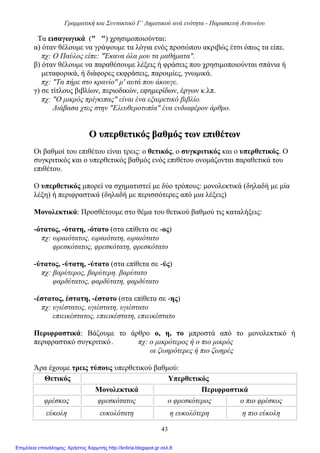 Γραμματική και Συντακτικό Γ’ Δημοτικού ανά ενότητα - Παρασκευή Αντωνίου
43
Τα εισαγωγικά (" ") χρησιμοποιούνται:
α) όταν θέλουμε να γράψουμε τα λόγια ενός προσώπου ακριβώς έτσι όπως τα είπε.
πχ: Ο Παύλος είπε: "Έκανα όλα μου τα μαθήματα".
β) όταν θέλουμε να παραθέσουμε λέξεις ή φράσεις που χρησιμοποιούνται σπάνια ή
μεταφορικά, ή διάφορες εκφράσεις, παροιμίες, γνωμικά.
πχ: "Τα πήρε στο κρανίο" μ' αυτά που άκουγε.
γ) σε τίτλους βιβλίων, περιοδικών, εφημερίδων, έργων κ.λπ.
πχ: "Ο μικρός πρίγκιπας" είναι ένα εξαιρετικό βιβλίο.
Διάβασα χτες στην "Ελευθεροτυπία" ένα ενδιαφέρον άρθρο.
ΟΟ υυππεερρθθεεττιικκόόςς ββααθθμμόόςς ττωωνν εεππιιθθέέττωωνν
Οι βαθμοί του επιθέτου είναι τρεις: ο θετικός, ο συγκριτικός και ο υπερθετικός. Ο
συγκριτικός και ο υπερθετικός βαθμός ενός επιθέτου ονομάζονται παραθετικά του
επιθέτου.
Ο υπερθετικός μπορεί να σχηματιστεί με δύο τρόπους: μονολεκτικά (δηλαδή με μία
λέξη) ή περιφραστικά (δηλαδή με περισσότερες από μια λέξεις)
Μονολεκτικά: Προσθέτουμε στο θέμα του θετικού βαθμού τις καταλήξεις:
-ότατος, -ότατη, -ότατο (στα επίθετα σε -ος)
πχ: ωραιότατος, ωραιότατη, ωραιότατο
φρεσκότατος, φρεσκότατη, φρεσκότατο
-ύτατος, -ύτατη, -ύτατο (στα επίθετα σε -ύς)
πχ: βαρύτερος, βαρύτερη. βαρύτατο
φαρδύτατος, φαρδύτατη, φαρδύτατο
-έστατος, έστατη, -έστατο (στα επίθετα σε -ης)
πχ: υγιέστατος, υγιέστατη, υγιέστατο
επιεικέστατος, επιεικέστατη, επιεικέστατο
Περιφραστικά: Βάζουμε το άρθρο ο, η, το μπροστά από το μονολεκτικό ή
περιφραστικό συγκριτικό. πχ: ο μικρότερος ή ο πιο μικρός
οι ζωηρότερες ή πιο ζωηρές
Άρα έχουμε τρεις τύπους υπερθετικού βαθμού:
Θετικός Υπερθετικός
Μονολεκτικά Περιφραστικά
φρέσκος φρεσκότατος ο φρεσκότερος ο πιο φρέσκος
εύκολη ευκολότατη η ευκολότερη η πιο εύκολη
Επιμέλεια επανάληψης: Χρήστος Χαρμπής http://kritiria.blogspot.gr σελ.8
 