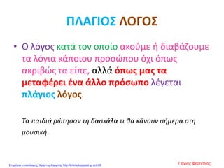 ΠΛΑΓΙΟΣ ΛΟΓΟΣ
• Ο λόγος κατά τον οποίο ακούμε ή διαβάζουμε
τα λόγια κάποιου προσώπου όχι όπως
ακριβώς τα είπε, αλλά όπως μας τα
μεταφέρει ένα άλλο πρόσωπο λέγεται
πλάγιος λόγος.
Τα παιδιά ρώτησαν τη δασκάλα τι θα κάνουν σήμερα στη
μουσική.
Γιάννης ΦερεντίνοςΕπιμέλεια επανάληψης: Χρήστος Χαρμπής http://kritiria.blogspot.gr σελ.80
 