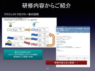 研修内容からご紹介
プロジェクトでのフロー案の説明
研修内容は自ら実践！！
紹介はできませんが、
メンバーがやり取りしたチケット内容も
具体例として説明に利用
13
 