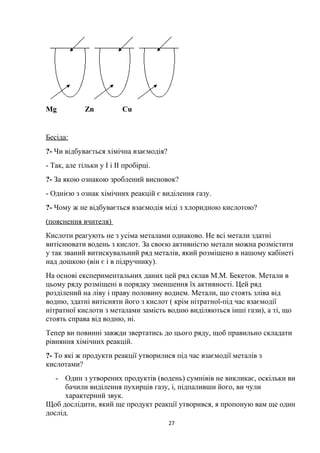 Mg Zn Cu
Бесіда:
?- Чи відбувається хімічна взаємодія?
- Так, але тільки у І і ІІ пробірці.
?- За якою ознакою зроблений висновок?
- Однією з ознак хімічних реакцій є виділення газу.
?- Чому ж не відбувається взаємодія міді з хлоридною кислотою?
(пояснення вчителя)
Кислоти реагують не з усіма металами однаково. Не всі метали здатні
витіснювати водень з кислот. За своєю активністю метали можна розмістити
у так званий витискувальний ряд металів, який розміщено в нашому кабінеті
над дошкою (він є і в підручнику).
На основі експериментальних даних цей ряд склав М.М. Бекетов. Метали в
цьому ряду розміщені в порядку зменшення їх активності. Цей ряд
розділений на ліву і праву половину воднем. Метали, що стоять зліва від
водню, здатні витісняти його з кислот ( крім нітратної-під час взаємодії
нітратної кислоти з металами замість водню виділяються інші гази), а ті, що
стоять справа від водню, ні.
Тепер ви повинні завжди звертатись до цього ряду, щоб правильно складати
рівняння хімічних реакцій.
?- То які ж продукти реакції утворилися під час взаємодії металів з
кислотами?
- Один з утворених продуктів (водень) сумнівів не викликає, оскільки ви
бачили виділення пухирців газу, і, підпаливши його, ви чули
характерний звук.
Щоб дослідити, який ще продукт реакції утворився, я пропоную вам ще один
дослід.
27
 