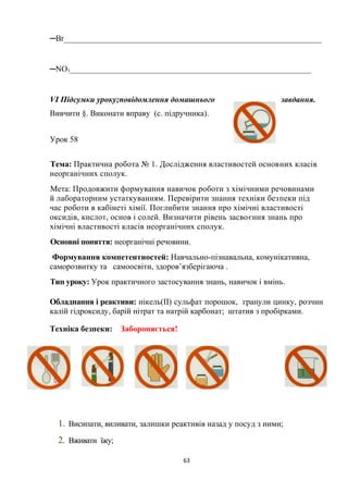 ─Br_______________________________________________________________
─NO3___________________________________________________________
VІ Підсумки уроку;повідомлення домашнього завдання.
Вивчити §. Виконати вправу (с. підручника).
Урок 58
Тема: Практична робота № 1. Дослідження властивостей основних класів
неорганічних сполук.
Мета: Продовжити формування навичок роботи з хімічними речовинами
й лабораторним устаткуванням. Перевірити знання техніки безпеки під
час роботи в кабінеті хімії. Поглибити знання про хімічні властивості
оксидів, кислот, основ і солей. Визначити рівень засвоєння знань про
хімічні властивості класів неорганічних сполук.
Основні поняття: неорганічні речовини.
Формування компетентностей: Навчально-пізнавальна, комунікативна,
саморозвитку та самоосвіти, здоров’язберігаюча .
Тип уроку: Урок практичного застосування знань, навичок і вмінь.
Обладнання і реактиви: нікель(ІІ) сульфат порошок, гранули цинку, розчин
калій гідроксиду, барій нітрат та натрій карбонат; штатив з пробірками.
Техніка безпеки: Забороняється!
1. Висипати, виливати, залишки реактивів назад у посуд з ними;
2. Вживати їжу;
63
 