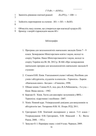 Г FeBr3 + Al(NO3)3
1
7
Закінчіть рівняння хімічної реакції: Zn3(PO4)2 + HBr→
1
8
Здійсніть перетворення за схемою: SO2 → SO3 → BaSO4
1
9
Обчисліть масу основи, що утвориться при взаємодії купрум (II)
броміду з натрій гідроксидом масою 60 г
Бібліографія
1. Програма для загальноосвітніх навчальних закладів Хімія 7 – 9
класи. Затверджено Міністерством освіти і науки, молоді та
спорту України. Наказ Міністерстваосвіти і науки, молоді та
спорту України від 06. 06. 2012 р. № 666 «Про затвердження
навчальних програм для загальноосвітніх навчальних закладів ІІ
ступеня»
2. Стахаєв О.Ю. Хімія. Узагальнюючі схеми і таблиці. Посібник для
учнів і абітурієнтів, студентів та вчителів. - Тернопіль - Харків:
«Навчальна книга - Богдан» - «Гімназія», 1998.
3. Общая химия. Глинка Н.Л.; под. ред..В.А.Рабиновича, - 5-е узд. -
Киев: Вища школа. - 1982.
4. Березан О. Хімія. Тести для школярів і вступників у ВНЗ. -
Тернопіль: підручники і посібники - 2007.
5. Хімія. Повний курс. Універсальний довідник для випускників та
абітурієнтів /авт. Титаренко Н.В./ К: Літера ЛТД, 2011.
6. Григорович О.В. Хімічний експеримент у школі. 7-11 класи /
Упорядкування О.В. Григорович, О.В. Невський – Х.: Веста:
Ранок, 2008. – 192 с.
7. Замулко О. І. Перевірка знань з хімії 8 клас.:Черкаси, 2009.
93
 