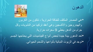 ‫الدهون‬
•‫الكربون‬ ‫من‬ ‫تتكون‬ ، ‫الحرارية‬ ‫للطاقة‬ ‫المكثف‬ ‫المصدر‬ ‫هي‬
‫وك‬ ‫النشويات‬ ‫من‬ ‫تركيبا‬ ‫أعقد‬ ‫وهي‬ ‫واالكسجين‬ ‫والهيدروجين‬‫ل‬
‫يعطي‬ ‫الدهن‬ ‫من‬ ‫جرام‬9‫حرارية‬ ‫سعرات‬.
•‫يح‬ ‫التي‬ ‫الفيتامينات‬ ‫أنواع‬ ‫لبعض‬ ‫جيدة‬ ‫بيئة‬ ‫الدهون‬ ‫تعد‬‫الجسم‬ ‫تاجها‬.
•‫الحيواني‬ ‫والشحم‬ ‫بأنواعها‬ ‫النباتية‬ ‫الزيوت‬ ‫في‬ ‫توجد‬.
 
