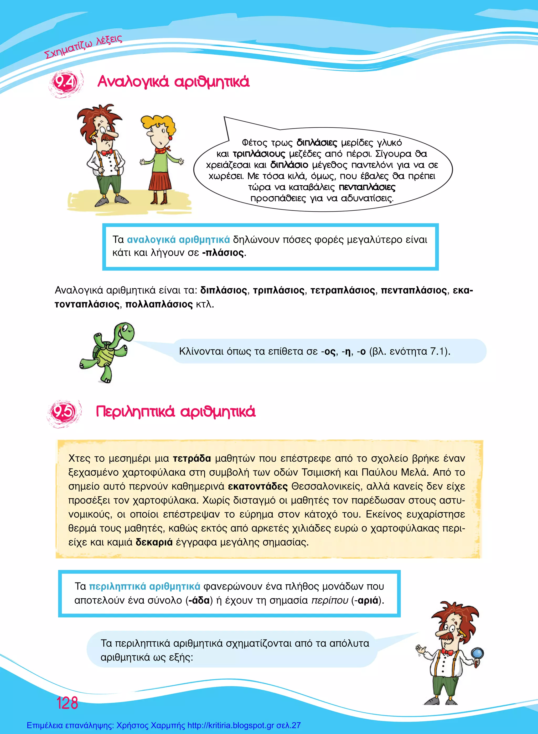 ™™™¯¯¯ËËËÌÌÌ··ÙÙ››˙˙˙˙ˆˆ ÏÏ¤¤ÍÍÍÂÂÈÈ˜˜˜
128
99..55 ¶¶ÂÂÚÚÈÈÏÏËËÙÙÈÈÎÎ¿¿ ··ÚÚÈÈııÌÌËËÙÙÈÈÎÎ¿¿
ÃÙÂ˜ ÙÔ ÌÂÛËÌ¤ÚÈ ÌÈ· ÙÂÙÚ¿‰· Ì·ıËÙÒÓ Ô˘ Â¤ÛÙÚÂÊÂ ·ﬁ ÙÔ Û¯ÔÏÂ›Ô ‚Ú‹ÎÂ ¤Ó·Ó
ÍÂ¯·ÛÌ¤ÓÔ ¯·ÚÙÔÊ‡Ï·Î· ÛÙË Û˘Ì‚ÔÏ‹ ÙˆÓ Ô‰ÒÓ ∆ÛÈÌÈÛÎ‹ Î·È ¶·‡ÏÔ˘ ªÂÏ¿. ∞ﬁ ÙÔ
ÛËÌÂ›Ô ·˘Ùﬁ ÂÚÓÔ‡Ó Î·ıËÌÂÚÈÓ¿ ÂÎ·ÙÔÓÙ¿‰Â˜ £ÂÛÛ·ÏÔÓÈÎÂ›˜, ·ÏÏ¿ Î·ÓÂ›˜ ‰ÂÓ Â›¯Â
ÚÔÛ¤ÍÂÈ ÙÔÓ ¯·ÚÙÔÊ‡Ï·Î·. ÃˆÚ›˜ ‰ÈÛÙ·ÁÌﬁ ÔÈ Ì·ıËÙ¤˜ ÙÔÓ ·Ú¤‰ˆÛ·Ó ÛÙÔ˘˜ ·ÛÙ˘-
ÓÔÌÈÎÔ‡˜, ÔÈ ÔÔ›ÔÈ Â¤ÛÙÚÂ„·Ó ÙÔ Â‡ÚËÌ· ÛÙÔÓ Î¿ÙÔ¯ﬁ ÙÔ˘. ∂ÎÂ›ÓÔ˜ Â˘¯·Ú›ÛÙËÛÂ
ıÂÚÌ¿ ÙÔ˘˜ Ì·ıËÙ¤˜, Î·ıÒ˜ ÂÎÙﬁ˜ ·ﬁ ·ÚÎÂÙ¤˜ ¯ÈÏÈ¿‰Â˜ Â˘ÚÒ Ô ¯·ÚÙÔÊ‡Ï·Î·˜ ÂÚÈ-
Â›¯Â Î·È Î·ÌÈ¿ ‰ÂÎ·ÚÈ¿ ¤ÁÁÚ·Ê· ÌÂÁ¿ÏË˜ ÛËÌ·Û›·˜.
∆· ÂÚÈÏËÙÈÎ¿ ·ÚÈıÌËÙÈÎ¿ Û¯ËÌ·Ù›˙ÔÓÙ·È ·ﬁ Ù· ·ﬁÏ˘Ù·
·ÚÈıÌËÙÈÎ¿ ˆ˜ ÂÍ‹˜:
∆· ÂÚÈÏËÙÈÎ¿ ·ÚÈıÌËÙÈÎ¿ Ê·ÓÂÚÒÓÔ˘Ó ¤Ó· Ï‹ıÔ˜ ÌÔÓ¿‰ˆÓ Ô˘
·ÔÙÂÏÔ‡Ó ¤Ó· Û‡ÓÔÏÔ (-¿‰·) ‹ ¤¯Ô˘Ó ÙË ÛËÌ·Û›· ÂÚ›Ô˘ (-·ÚÈ¿).
∫Ï›ÓÔÓÙ·È ﬁˆ˜ Ù· Â›ıÂÙ· ÛÂ -Ô˜, -Ë, -Ô (‚Ï. ÂÓﬁÙËÙ· 7.1).
∞Ó·ÏÔÁÈÎ¿ ·ÚÈıÌËÙÈÎ¿ Â›Ó·È Ù·: ‰ÈÏ¿ÛÈÔ˜, ÙÚÈÏ¿ÛÈÔ˜, ÙÂÙÚ·Ï¿ÛÈÔ˜, ÂÓÙ·Ï¿ÛÈÔ˜, ÂÎ·-
ÙÔÓÙ·Ï¿ÛÈÔ˜, ÔÏÏ·Ï¿ÛÈÔ˜ ÎÙÏ.
99..44 ∞∞ÓÓ··ÏÏÔÔÁÁÈÈÎÎ¿¿ ··ÚÚÈÈııÌÌËËÙÙÈÈÎÎ¿¿
∆· ·Ó·ÏÔÁÈÎ¿ ·ÚÈıÌËÙÈÎ¿ ‰ËÏÒÓÔ˘Ó ﬁÛÂ˜ ÊÔÚ¤˜ ÌÂÁ·Ï‡ÙÂÚÔ Â›Ó·È
Î¿ÙÈ Î·È Ï‹ÁÔ˘Ó ÛÂ -Ï¿ÛÈÔ˜.
º¤ÙÔ˜ ÙÚˆ˜ ‰‰ÈÈÏÏ¿¿ÛÛÈÈÂÂ˜˜ ÌÂÚ›‰Â˜ ÁÏ˘Îﬁ
Î·È ÙÙÚÚÈÈÏÏ¿¿ÛÛÈÈÔÔ˘˘˜˜ ÌÂ˙¤‰Â˜ ·ﬁ ¤ÚÛÈ. ™›ÁÔ˘Ú· ı·
¯ÚÂÈ¿˙ÂÛ·È Î·È ‰‰ÈÈÏÏ¿¿ÛÛÈÈÔÔ Ì¤ÁÂıÔ˜ ·ÓÙÂÏﬁÓÈ ÁÈ· Ó· ÛÂ
¯ˆÚ¤ÛÂÈ. ªÂ ÙﬁÛ· ÎÈÏ¿, ﬁÌˆ˜, Ô˘ ¤‚·ÏÂ˜ ı· Ú¤ÂÈ
ÙÒÚ· Ó· Î·Ù·‚¿ÏÂÈ˜ ÂÂÓÓÙÙ··ÏÏ¿¿ÛÛÈÈÂÂ˜˜
ÚÔÛ¿ıÂÈÂ˜ ÁÈ· Ó· ·‰˘Ó·Ù›ÛÂÈ˜.
Επιμέλεια επανάληψης: Χρήστος Χαρμπής http://kritiria.blogspot.gr σελ.27
 