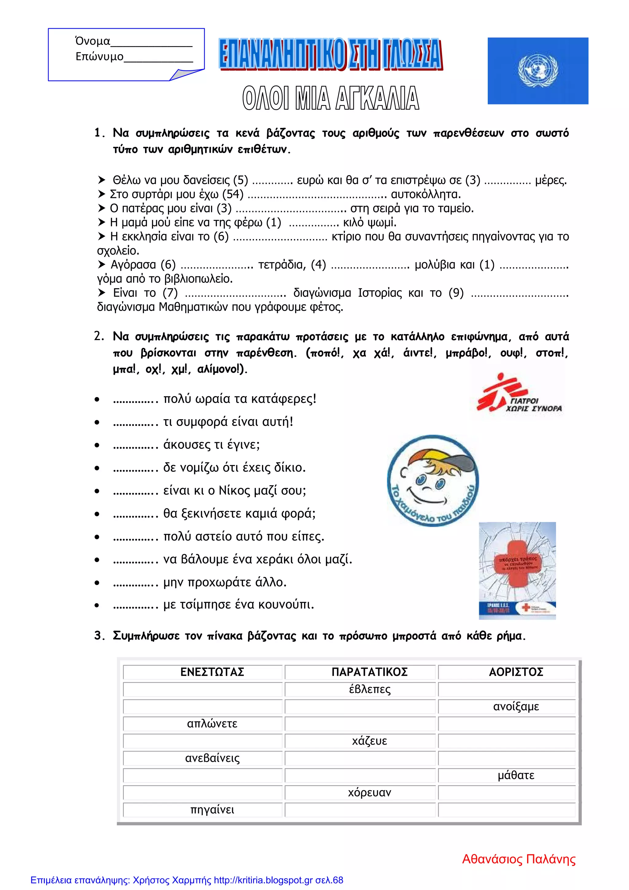 1. Να συμπληρώσεις τα κενά βάζοντας τους αριθμούς των παρενθέσεων στο σωστό
τύπο των αριθμητικών επιθέτων.
 Θέλω να μου δανείσεις (5) …………. ευρώ και θα σ’ τα επιστρέψω σε (3) …………… μέρες.
 Στο συρτάρι μου έχω (54) …………………………………….. αυτοκόλλητα.
 Ο πατέρας μου είναι (3) …………………………….. στη σειρά για το ταμείο.
 Η μαμά μού είπε να της φέρω (1) ……………. κιλό ψωμί.
 Η εκκλησία είναι το (6) ………………………… κτίριο που θα συναντήσεις πηγαίνοντας για το
σχολείο.
 Αγόρασα (6) ………………….. τετράδια, (4) ……………………. μολύβια και (1) ………………….
γόμα από το βιβλιοπωλείο.
 Είναι το (7) ………………………….. διαγώνισμα Ιστορίας και το (9) ………………………….
διαγώνισμα Μαθηματικών που γράφουμε φέτος.
2. Να συμπληρώσεις τις παρακάτω προτάσεις με το κατάλληλο επιφώνημα, από αυτά
που βρίσκονται στην παρένθεση. (ποπό!, χα χά!, άιντε!, μπράβο!, ουφ!, στοπ!,
μπα!, οχ!, χμ!, αλίμονο!).
• ………….. πολύ ωραία τα κατάφερες!
• ………….. τι συμφορά είναι αυτή!
• ………….. άκουσες τι έγινε;
• ………….. δε νομίζω ότι έχεις δίκιο.
• ………….. είναι κι ο Νίκος μαζί σου;
• ………….. θα ξεκινήσετε καμιά φορά;
• ………….. πολύ αστείο αυτό που είπες.
• ………….. να βάλουμε ένα χεράκι όλοι μαζί.
• ………….. μην προχωράτε άλλο.
• ………….. με τσίμπησε ένα κουνούπι.
3. Συμπλήρωσε τον πίνακα βάζοντας και το πρόσωπο μπροστά από κάθε ρήμα.
ΕΝΕΣΤΩΤΑΣ ΠΑΡΑΤΑΤΙΚΟΣ ΑΟΡΙΣΤΟΣ
έβλεπες
ανοίξαμε
απλώνετε
χάζευε
ανεβαίνεις
μάθατε
χόρευαν
πηγαίνει
Όνομα_____________
Επώνυμο___________
Αθανάσιος Παλάνης
Επιμέλεια επανάληψης: Χρήστος Χαρμπής http://kritiria.blogspot.gr σελ.68
 