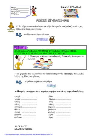 ΦΥΛΛΟ ΕΡΓΑΣΙΑΣ
 Τα ρήματα που τελειώνουν σε –ίζω διατηρούν το ι(γιώτα) σε όλες τις
λέξεις της ίδιας οικογένειας.
ποτίζω- ποτιστήρι- πότισμα
ΔΑΚΡΥΖΩ, ΔΑΝΕΙΖΩ, ΑΘΡΟΙΖΩ, ΣΥΓΧΥΖΩ, ΠΡΗΖΩ, ΠΗΖΩ,
ΓΟΓΓΥΖΩ, ΚΕΛΑΡΥΖΩ, ΑΝΑΒΛΥΖΩ, ΚΑΤΑΚΛΥΖΩ.
 άθροισμα, πρήξιμο, κατακλυσμός, δανειστής: διατηρούν τα
οι,η,υ,ει.
Τα ρήματα που τελειώνουν σε –ώνω διατηρούν το ω(ωμέγα) σε όλες τις
λέξεις της ίδιας οικογένειας.
στρώνω- στρώσιμο- στρώμα
Μπορείς να σχηματίσεις παράγωγα ρήματα από τις παρακάτω λέξεις;
καρφί ............................. βίδα .............................
τρύπα ............................ δάνειο ............................
κρύος ........................... φως ............................
πάτος .......................... πάγος ...........................
όργωμα ......................... κέρδος ...........................
δάκρυ ......................... βούρτσα .........................
κλειδί ........................ κύκλος .........................
χαμηλά ........................ λέρα .........................
φούσκα ....................... ύψος .........................
Όνομα______________
Επώνυμο____________
Ημερομηνία_________
Βαθμός __
ΔΑΣΚΑΛΟΣ:
ΣΤΑΜΟΣ ΦΩΤΗΣ
Επιμέλεια επανάληψης: Χρήστος Χαρμπής http://kritiria.blogspot.gr σελ.16
 