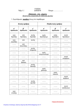 ΓΛΩΣΣΑ
Τάξη: Γ1΄ 23/9/2016 Όνομα: ………………
Εξάσκηση στα ρήματα:
(Ενεστώτας ενεργητικής & παθητικής φωνής)
1. Συμπλήρωσε ακριβώς όπως στο παράδειγμα:
Ενικός αριθμός Πληθυντικός αριθμός
α΄
πρόσωπο
β΄
πρόσωπο
γ΄
πρόσωπο
α΄
πρόσωπο
β΄
πρόσωπο
γ΄
πρόσωπο
εγώ
δροσίζω
εσύ
δροσίζεις
αυτός
δροσίζει
εμείς
δροσίζουμε
εσείς
δροσίζετε
αυτοί
δροσίζουν
εγώ
γυμνάζω
εσύ
…………...
αυτός
…………...
…….
…………...
…….
…………...
…….
…………...
…….
…………...
εσύ
σκουπίζεις
…….
…………...
…….
…………...
…….
…………...
…….
…………...
…….
…………...
…….
…………...
αυτός
πληρώνει
…….
…………...
…….
…………...
…….
…………...
…….
…………...
…….
…………...
…….
…………...
εμείς
κουμπώνουμε
…….
…………...
…….
…………...
…….
…………...
…….
…………...
…….
…………...
…….
…………...
…….
…………...
αυτοί
στηρίζουν
…….
…………...
εσύ
βρέχεις
…….
…………...
…….
…………...
…….
…………...
…….
…………...
…….
…………...
…….
…………...
αυτός
δανείζει
…….
…………...
…….
…………...
…….
…………...
…….
…………...
…….
…………...
…….
…………...
εμείς
χάνουμε
…….
…………...
…….
…………...
…….
…………...
…….
…………...
…….
…………...
…….
…………...
εσείς
πλένετε
…….
…………...
…….
…………...
…….
…………...
…….
…………...
…….
…………...
…….
…………...
αυτοί
κρύβουν
…….
…………...
…….
…………...
αυτός
φωτίζει
…….
…………...
…….
…………...
…….
…………...
…….
…………...
…….
…………...
…….
…………...
…….
…………...
…….
…………...
αυτοί
κλειδώνουν
εγώ
στολίζω
…….
…………...
…….
…………...
…….
…………...
…….
…………...
…….
…………...
Γιώργος Κατσαούνος
Επιμέλεια επανάληψης: Χρήστος Χαρμπής http://kritiria.blogspot.gr σελ.17
 